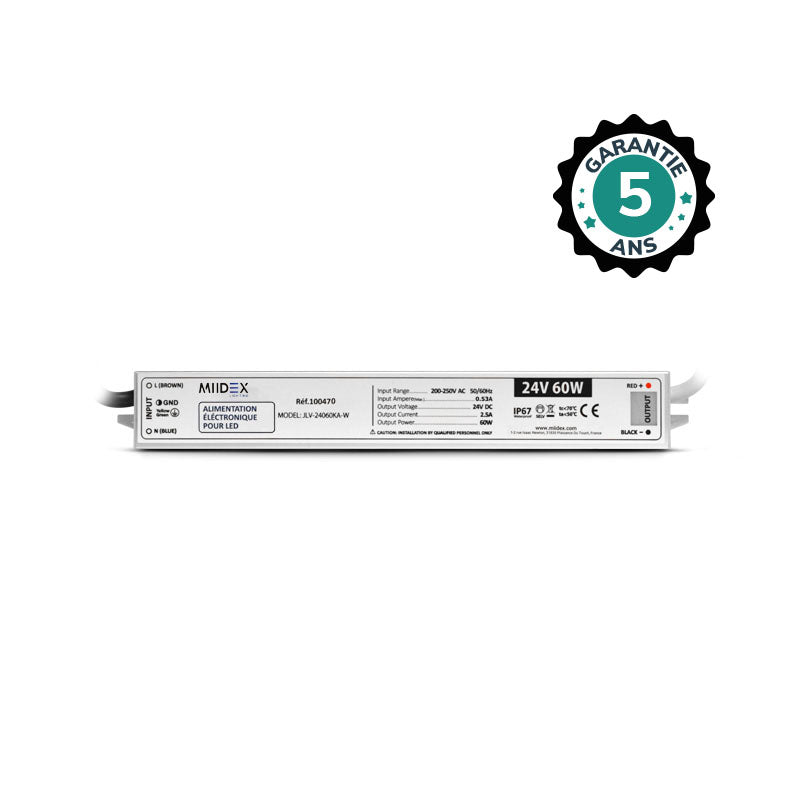 MIIDEX – Alimentation LED 24V DC 60W 2,5A IP67 non dimmable - Réf : 100470