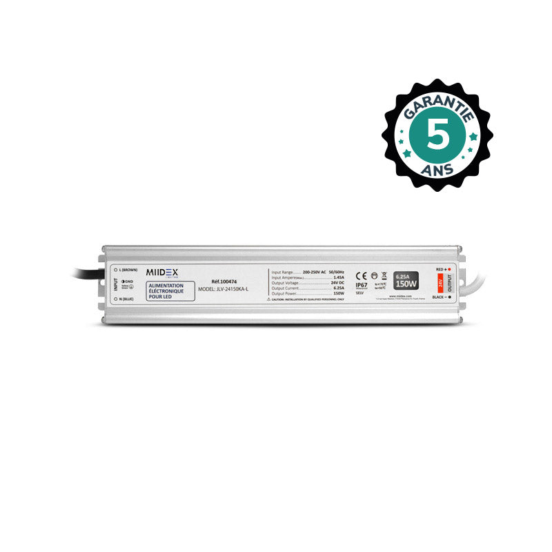MIIDEX – Alimentation LED 24V DC 150W 6,25A IP67 non dimmable - Réf : 100474