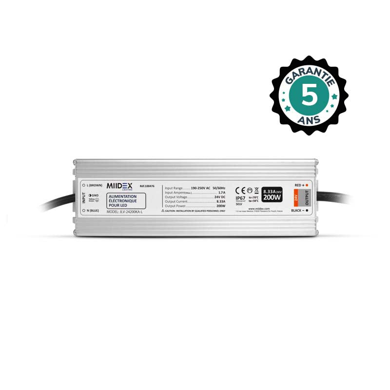 MIIDEX – Alimentation LED 24V DC 200W 8,33A IP67 non dimmable - Réf : 100476