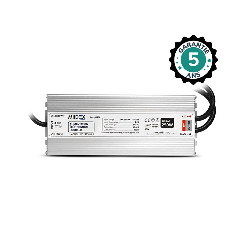 MIIDEX – Alimentation LED 24V DC 250W 10,42A IP67 non dimmable - Réf : 100478