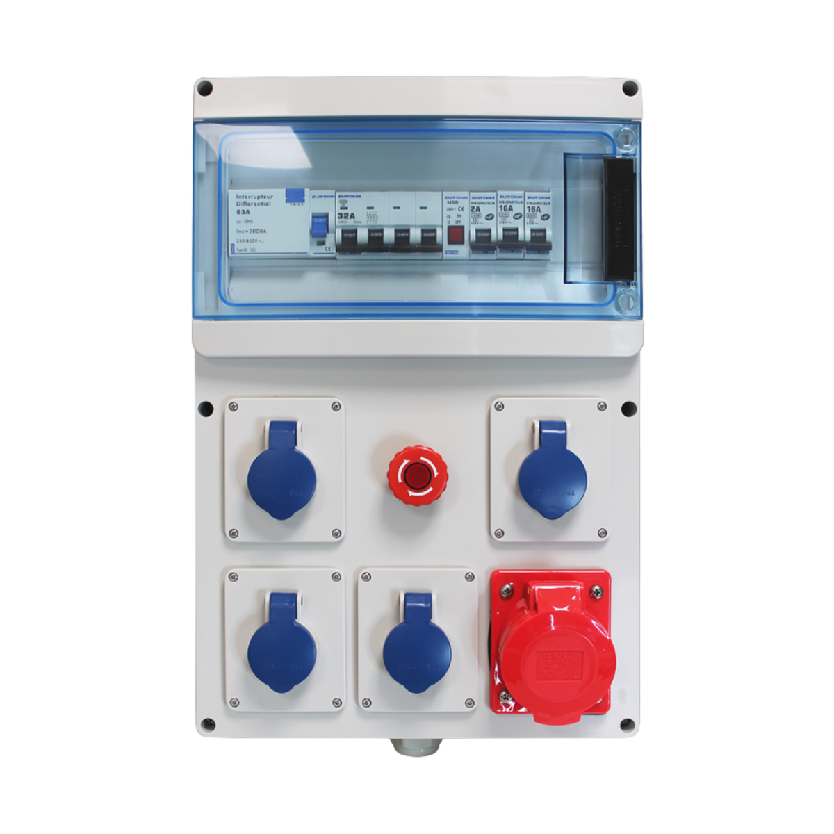 EUR'OHM – Coffret de chantier triphasé IP44 4 prises 2P+T 16A + 1 prise 3P+N+T 16A 400V - Réf : 19210