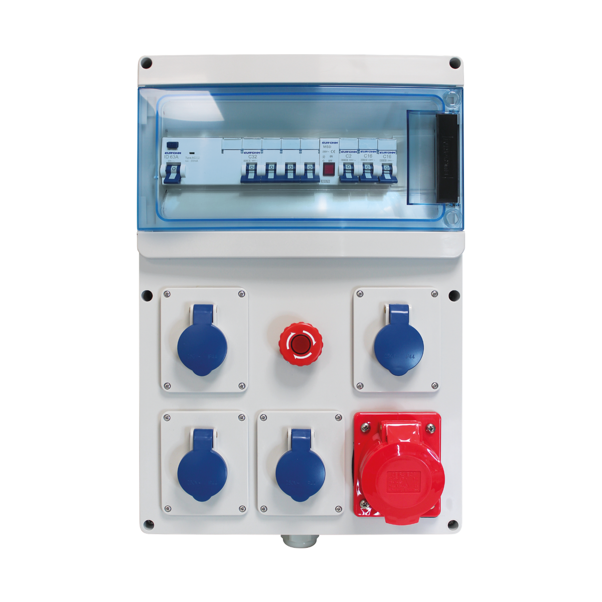 EUR'OHM – Coffret de chantier triphasé IP44 4 prises 2P+T 16A + 1 prise 3P+N+T 32A 400V - Réf : 19211