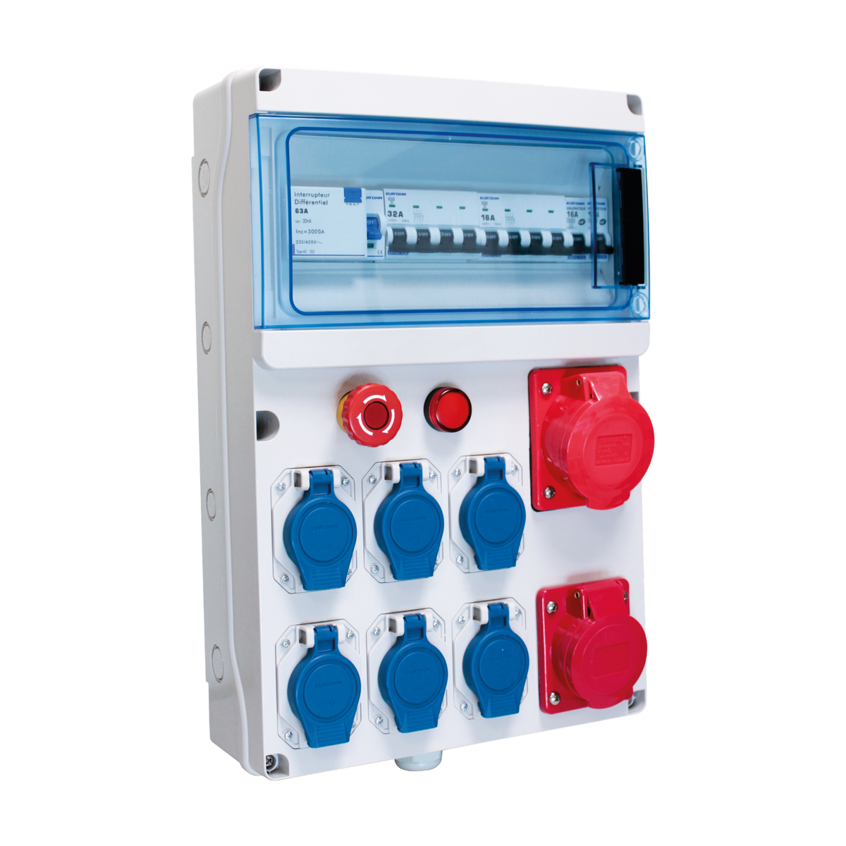 EUR'OHM – Coffret de chantier triphasé IP44 6 prises 2P+T 16A + prises 3P+N+T 16A et 32A 400V - Réf : 19212