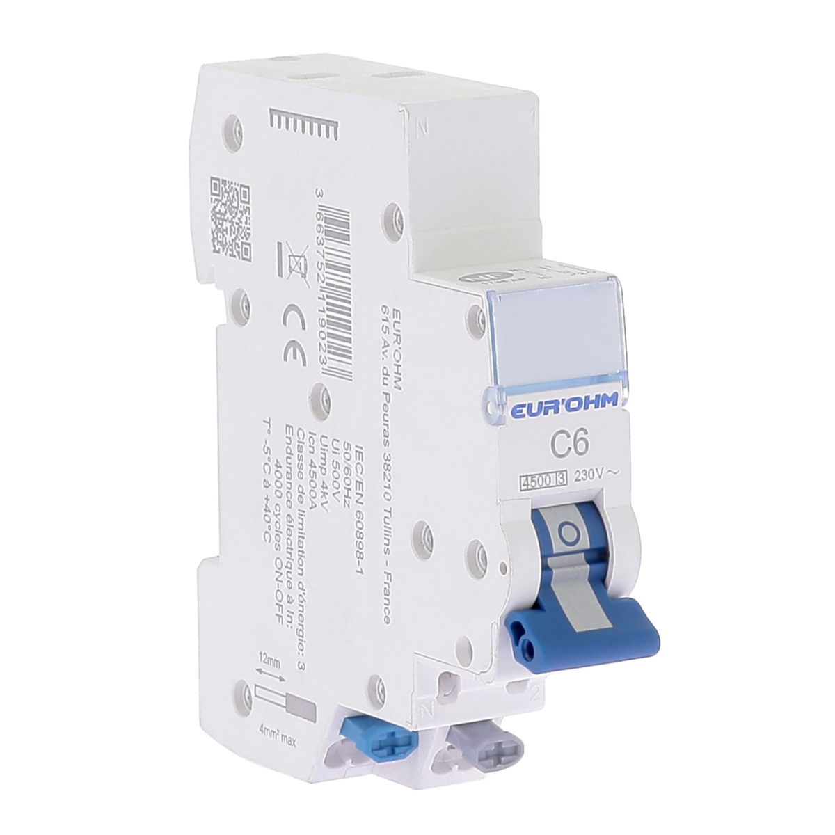 EUR'OHM – Disjoncteur 1P+N 6A courbe C connexion rapide/rapide 4,5kA NF – Réf : 20303