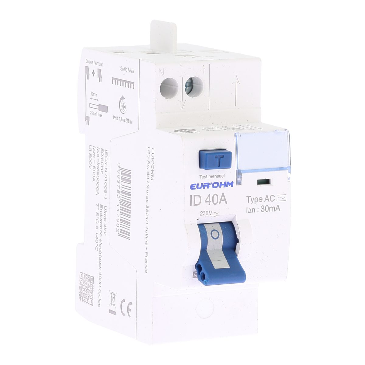EUR'OHM – Interrupteur différentiel 2x40A 30mA H/H cx rapides type AC - Réf : 23440