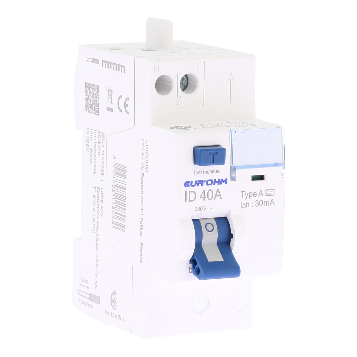 EUR'OHM – Interrupteur différentiel 2x40A 30mA H/H cx rapides type A - Réf : 23540