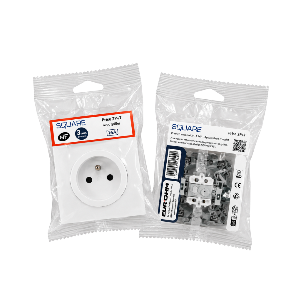 EUR'OHM – SQUARE EASY - Prise affleurante 2P+T 16A complète avec plaque et griffes blanc - Réf : 91156601
