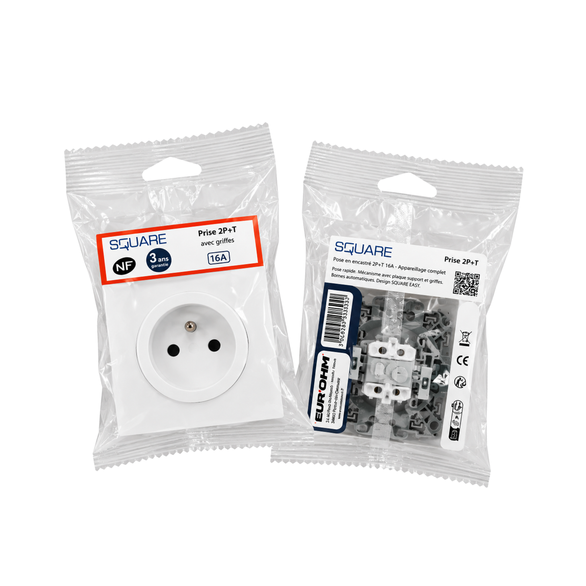 EUR'OHM – SQUARE EASY - Prise affleurante 2P+T 16A complète avec plaque et griffes blanc - Réf : 91156601